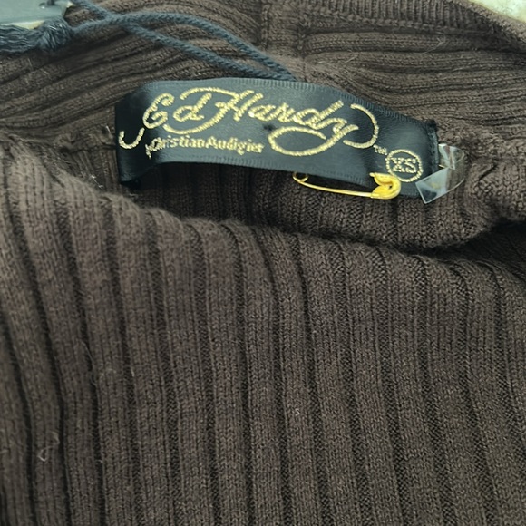 Ed Hardy Brown Ribbed Rhinestone Cold Shoulder Sweater - Picture 12 of 12